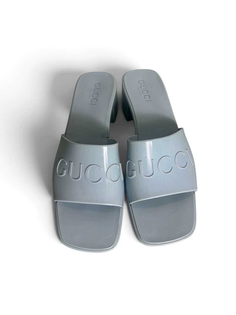 Gucci Pale Blue Patent Logo Slide Mules